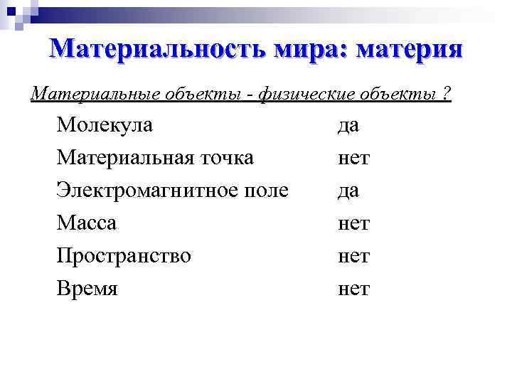 Материальность мира: материя Материальные объекты - физические объекты ? Молекула Материальная точка Электромагнитное поле