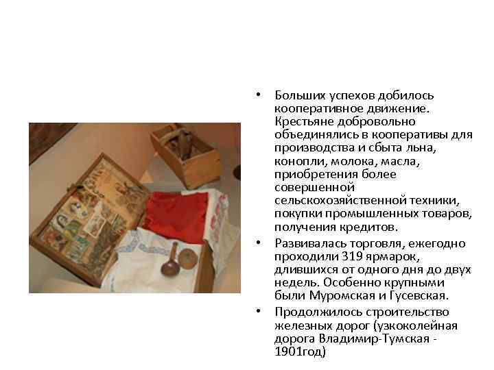  • Больших успехов добилось кооперативное движение. Крестьяне добровольно объединялись в кооперативы для производства