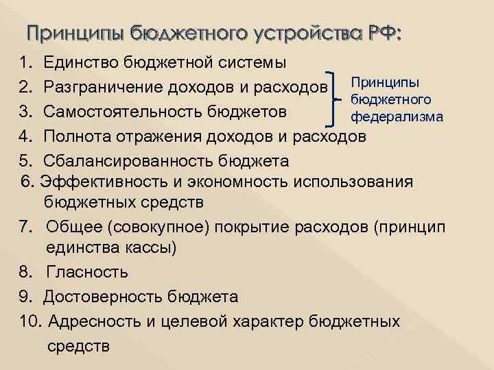 Принципы бюджетного устройства РФ: 1. Единство бюджетной системы 2. Разграничение доходов и расходов Принципы