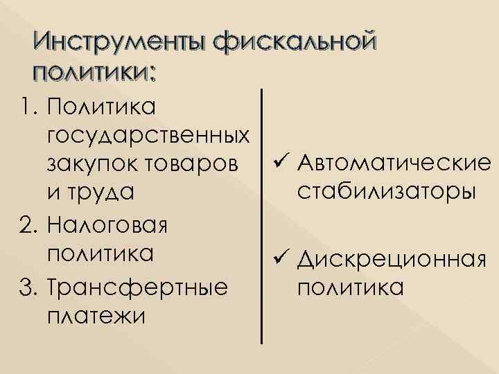 Инструменты фискальной политики: 1. Политика государственных закупок товаров ü Автоматические стабилизаторы и труда 2.