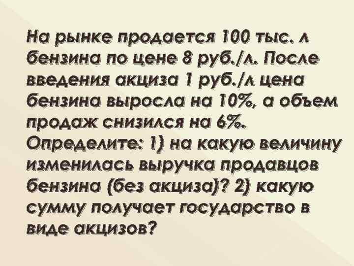 На рынке продается 100 тыс. л бензина по цене 8 руб. /л. После введения