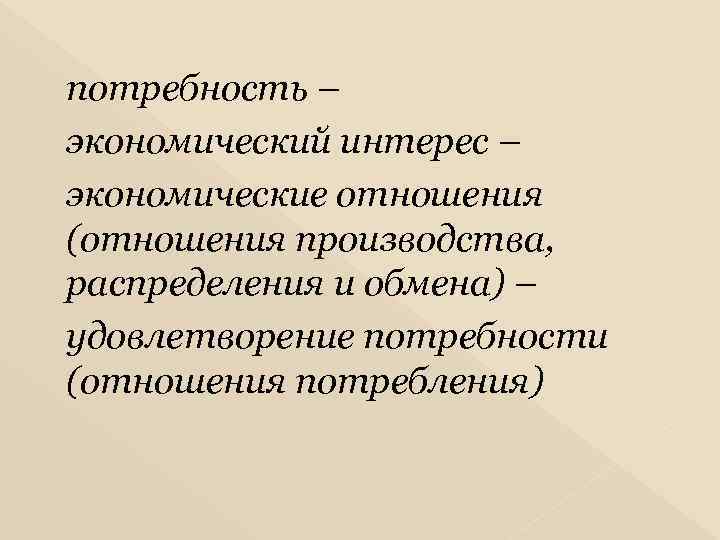 потребность – экономический интерес – экономические отношения (отношения производства, распределения и обмена) – удовлетворение