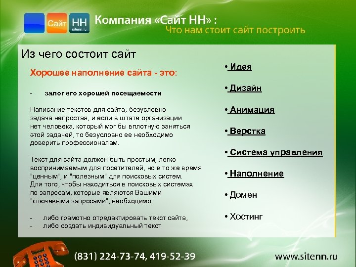 Из чего состоит сайт Хорошее наполнение сайта - это: - залог его хорошей посещаемости
