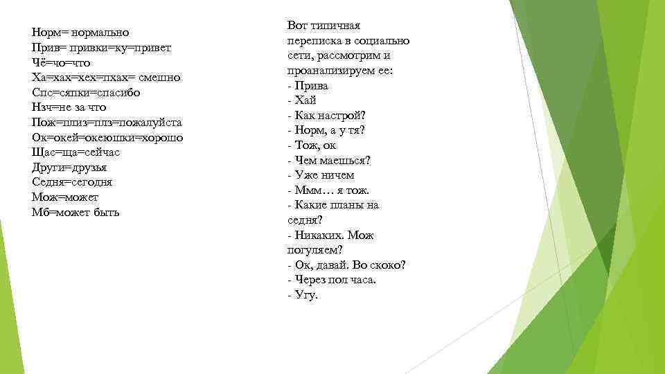 Норм= нормально Прив= привки=ку=привет Чё=чо=что Ха=хах=хех=пхах= смешно Спс=сяпки=спасибо Нзч=не за что Пож=плиз=плз=пожалуйста Ок=окей=океюшки=хорошо Щас=ща=сейчас