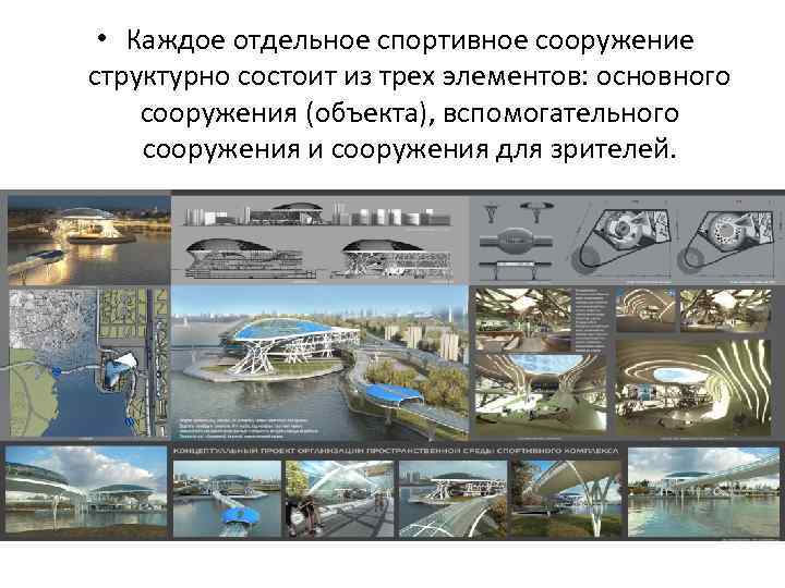  • Каждое отдельное спортивное сооружение структурно состоит из трех элементов: основного сооружения (объекта),