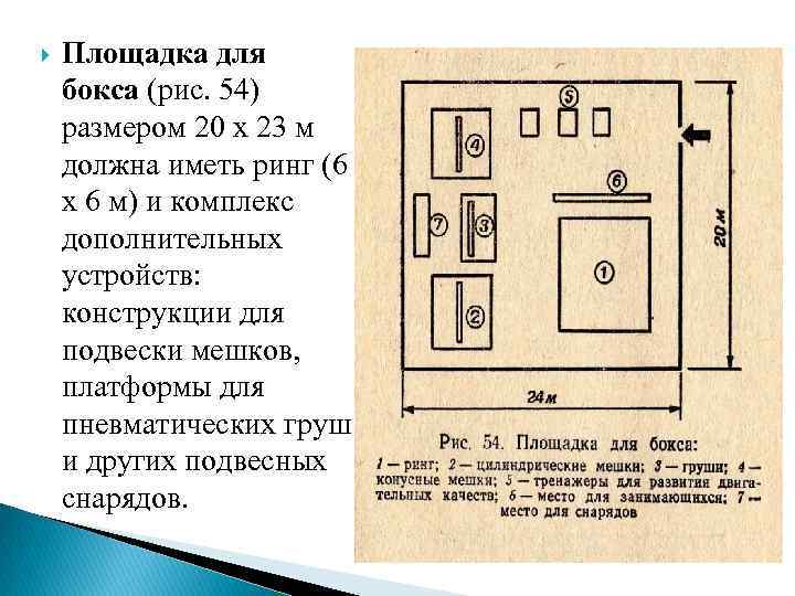  Площадка для бокса (рис. 54) размером 20 х 23 м должна иметь ринг