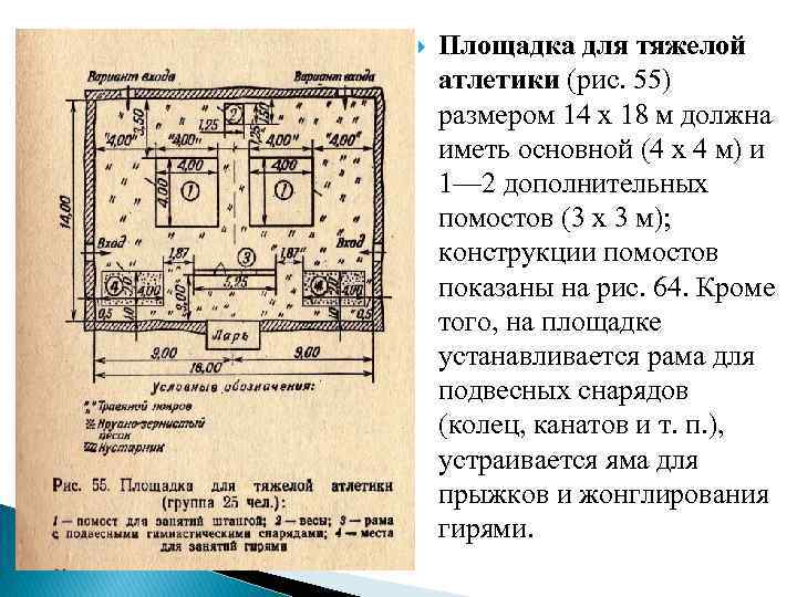  Площадка для тяжелой атлетики (рис. 55) размером 14 х 18 м должна иметь