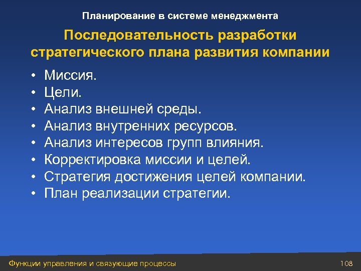 Планирование в системе менеджмента Последовательность разработки стратегического плана развития компании • • Миссия. Цели.