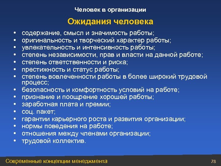 Смысл и содержание. Ожидания человека от организации. Ожидания организации от сотрудника. Организационные ожидания. Содержание человека.