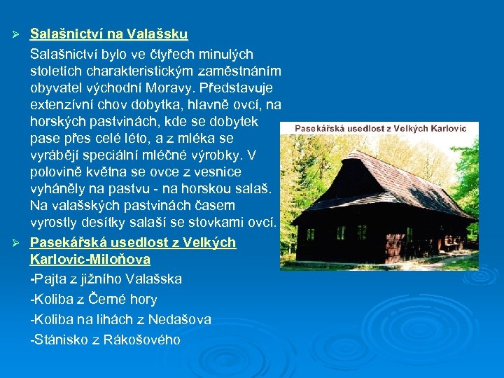 Salašnictví na Valašsku Salašnictví bylo ve čtyřech minulých stoletích charakteristickým zaměstnáním obyvatel východní Moravy.