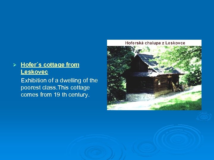 Ø Hofer´s cottage from Leskovec Exhibition of a dwelling of the poorest class. This