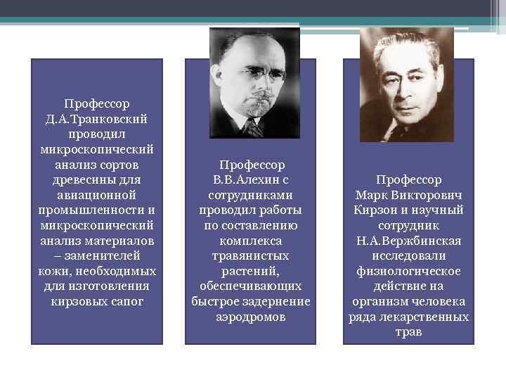 Профессор Д. А. Транковский проводил микроскопический анализ сортов древесины для авиационной промышленности и микроскопический