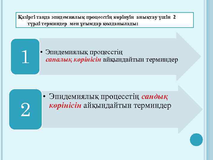 Қазіргі таңда эпидемиялық процесстің көрінуін анықтау үшін 2 түрлі терминдер мен ұғымдар қолданылады: 1