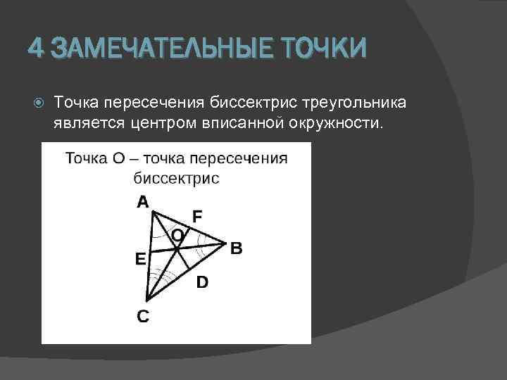 4 ЗАМЕЧАТЕЛЬНЫЕ ТОЧКИ Точка пересечения биссектрис треугольника является центром вписанной окружности. 