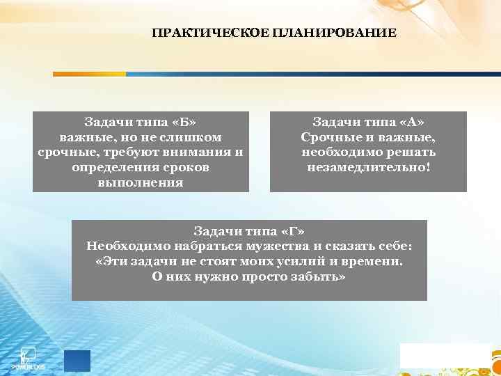 ПРАКТИЧЕСКОЕ ПЛАНИРОВАНИЕ Задачи типа «Б» важные, но не слишком срочные, требуют внимания и определения