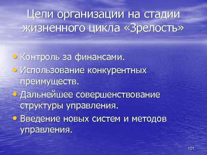 Цели организации на стадии жизненного цикла «Зрелость» • Контроль за финансами. • Использование конкурентных