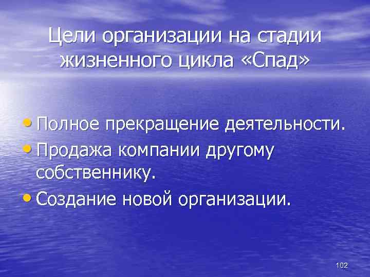 Цели организации на стадии жизненного цикла «Спад» • Полное прекращение деятельности. • Продажа компании