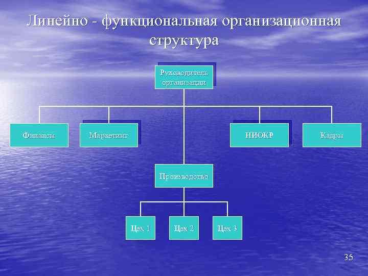 Линейно - функциональная организационная структура Руководитель организации Финансы Маркетинг НИОКР Кадры Производство Цех 1