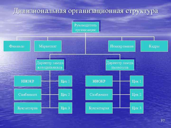 Дивизиональная организационная структура Руководитель организации Финансы Маркетинг Планирование Директор завода холодильников Кадры Директор завода