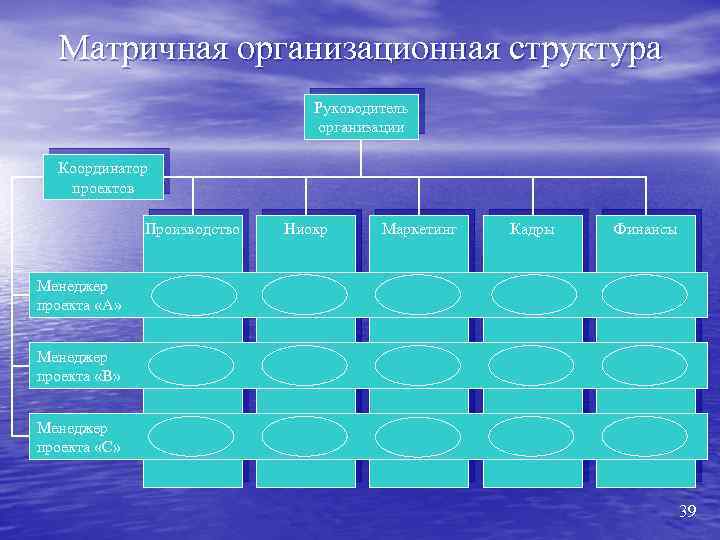 Матричная организационная структура Руководитель организации Координатор проектов Производство Ниокр Маркетинг Кадры Финансы Менеджер проекта