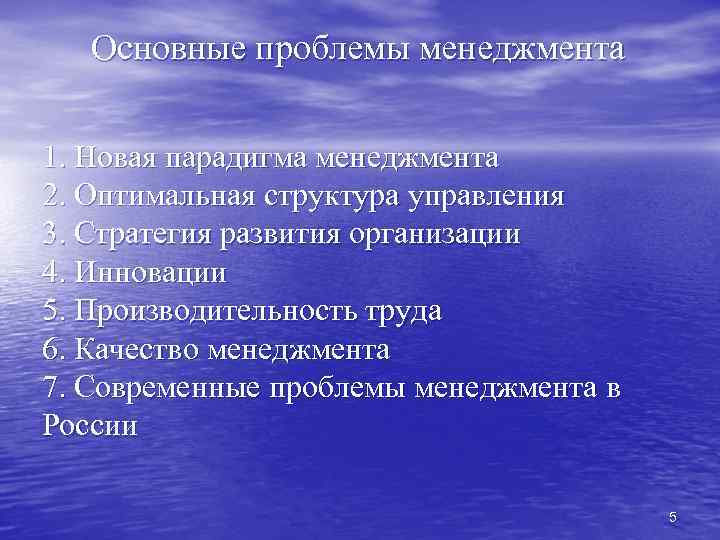 Основные проблемы менеджмента 1. Новая парадигма менеджмента 2. Оптимальная структура управления 3. Стратегия развития