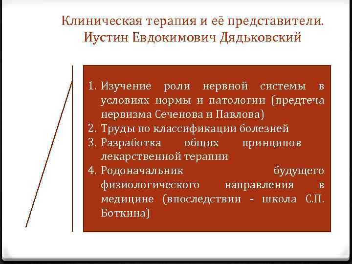 Клиническая терапия и её представители. Иустин Евдокимович Дядьковский 1. Изучение роли нервной системы в