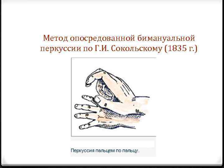 Метод опосредованной бимануальной перкуссии по Г. И. Сокольскому (1835 г. ) 