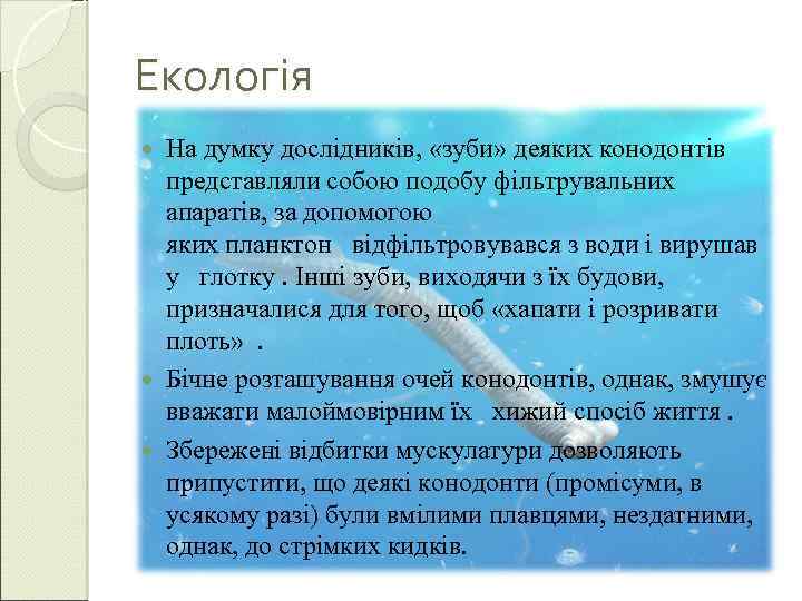 Екологія На думку дослідників, «зуби» деяких конодонтів представляли собою подобу фільтрувальних апаратів, за допомогою