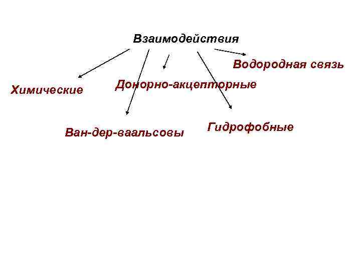 Взаимодействия Водородная связь Химические Донорно-акцепторные Ван-дер-ваальсовы Гидрофобные 