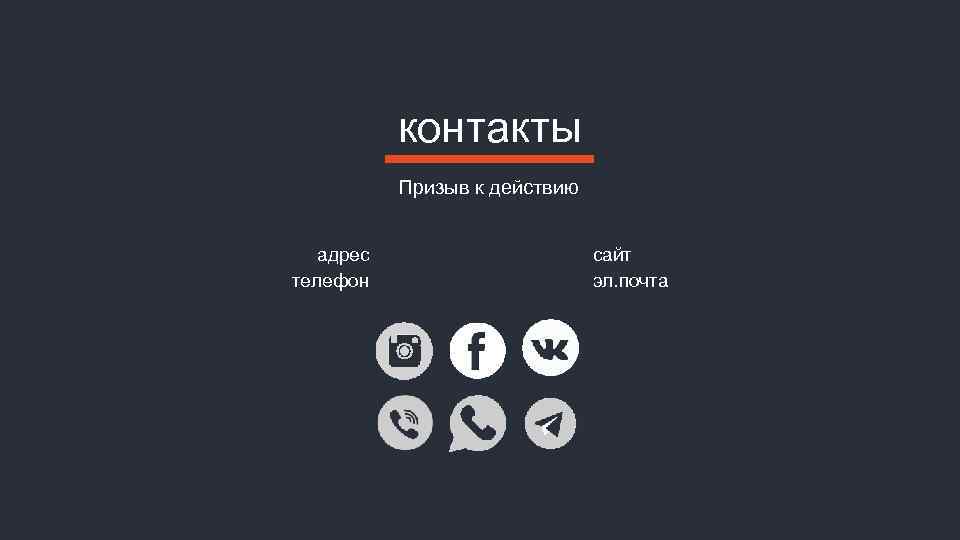контакты Призыв к действию адрес телефон сайт эл. почта 