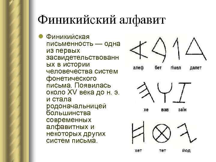 Финикийский алфавит l Финикийская письменность — одна из первых засвидетельствованн ых в истории человечества