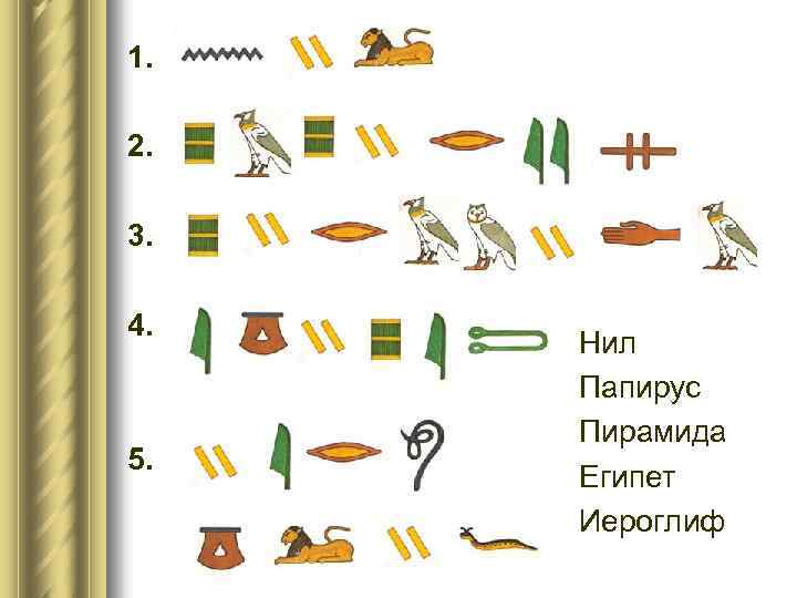 1. 2. 3. 4. 5. Нил Папирус Пирамида Египет Иероглиф 