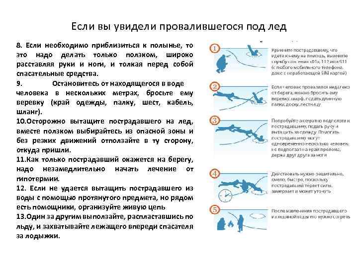 Если вы увидели провалившегося под лед 8. Если необходимо приблизиться к полынье, то это