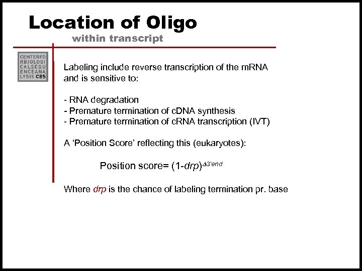 Location of Oligo within transcript Labeling include reverse transcription of the m. RNA and
