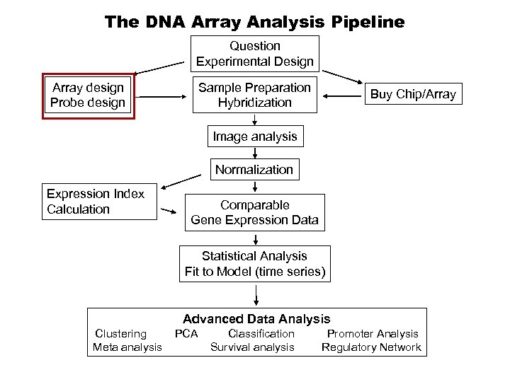 The DNA Array Analysis Pipeline Question Experimental Design Array design Probe design Sample Preparation