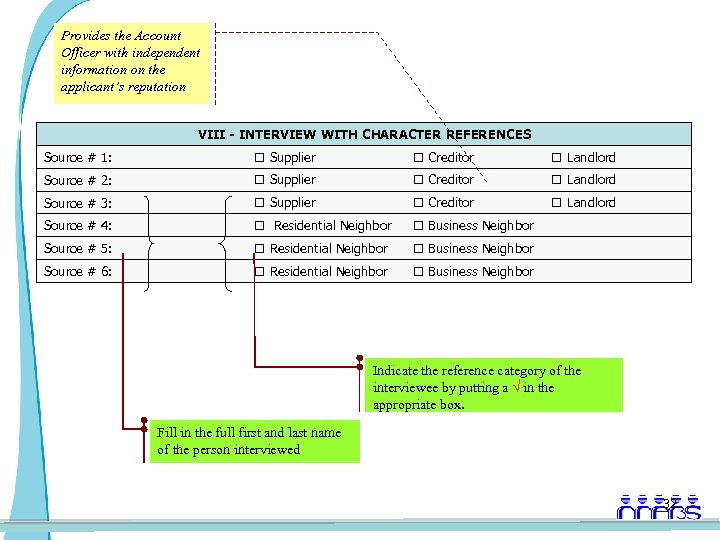 Provides the Account Officer with independent information on the applicant’s reputation VIII - INTERVIEW