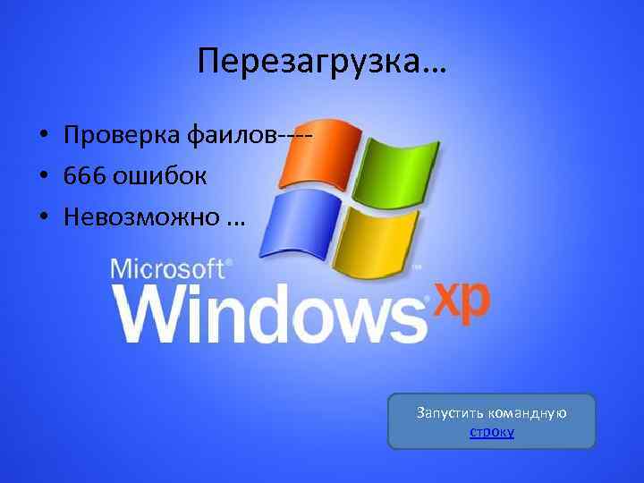 Перезагрузка… • Проверка фаилов--- • 666 ошибок • Невозможно … Запустить командную строку 