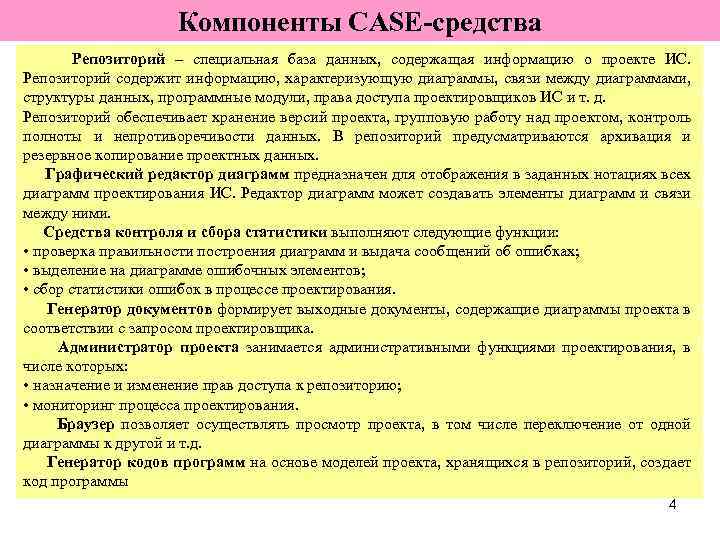 Компоненты CASE-средства Репозиторий – специальная база данных, содержащая информацию о проекте ИС. Репозиторий содержит
