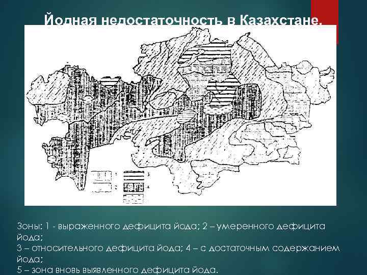 Йодная недостаточность в Казахстане. Зоны: 1 выраженного дефицита йода; 2 – умеренного дефицита йода;