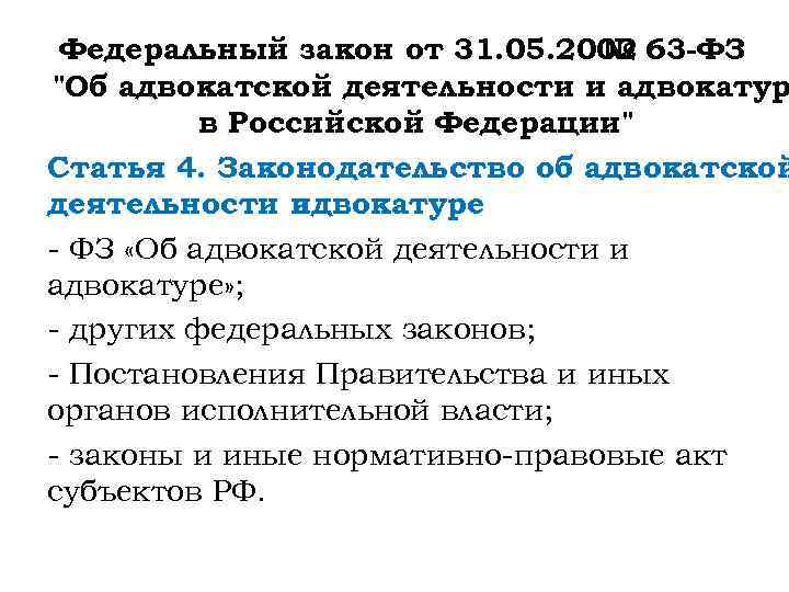 Федеральный закон от 31. 05. 2002 63 -ФЗ № "Об адвокатской деятельности и адвокатур