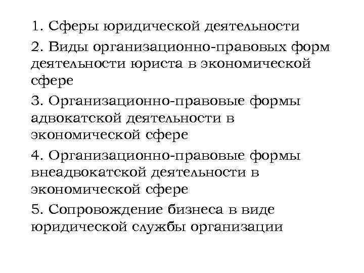 1. Сферы юридической деятельности 2. Виды организационно-правовых форм деятельности юриста в экономической сфере 3.