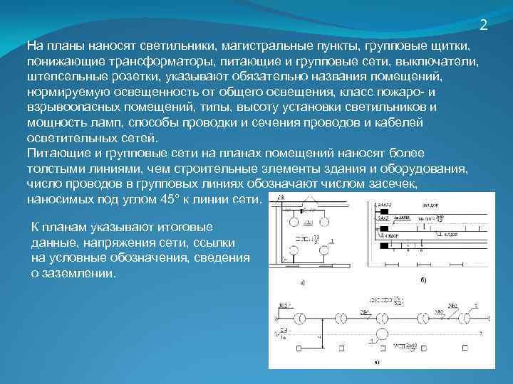 2 На планы наносят светильники, магистральные пункты, групповые щитки, понижающие трансформаторы, питающие и групповые