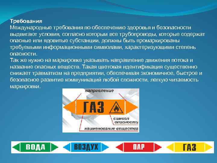 Требования Международные требования по обеспечению здоровья и безопасности выдвигают условия, согласно которым все трубопроводы,
