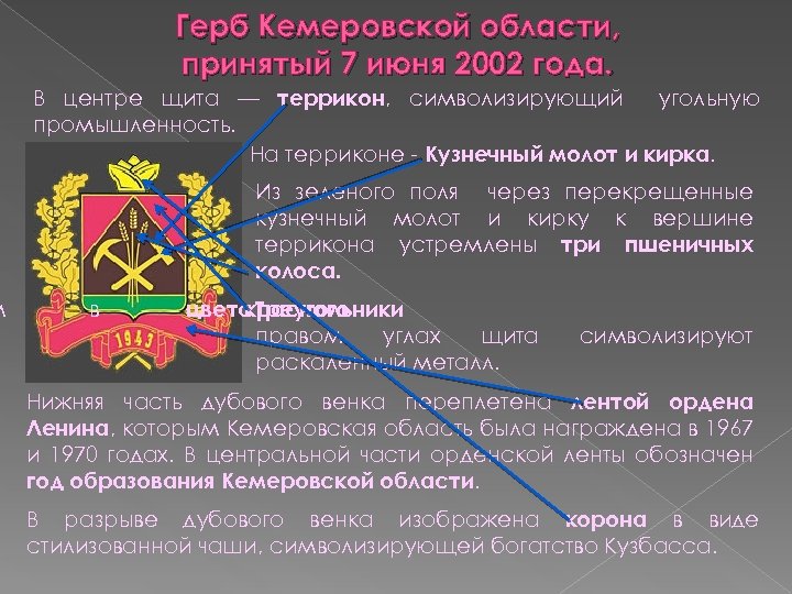 м Герб Кемеровской области, принятый 7 июня 2002 года. В центре щита — террикон,