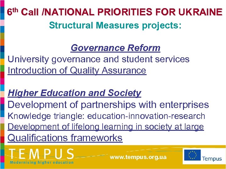 6 th Call /NATIONAL PRIORITIES FOR UKRAINE Structural Measures projects: Governance Reform University governance