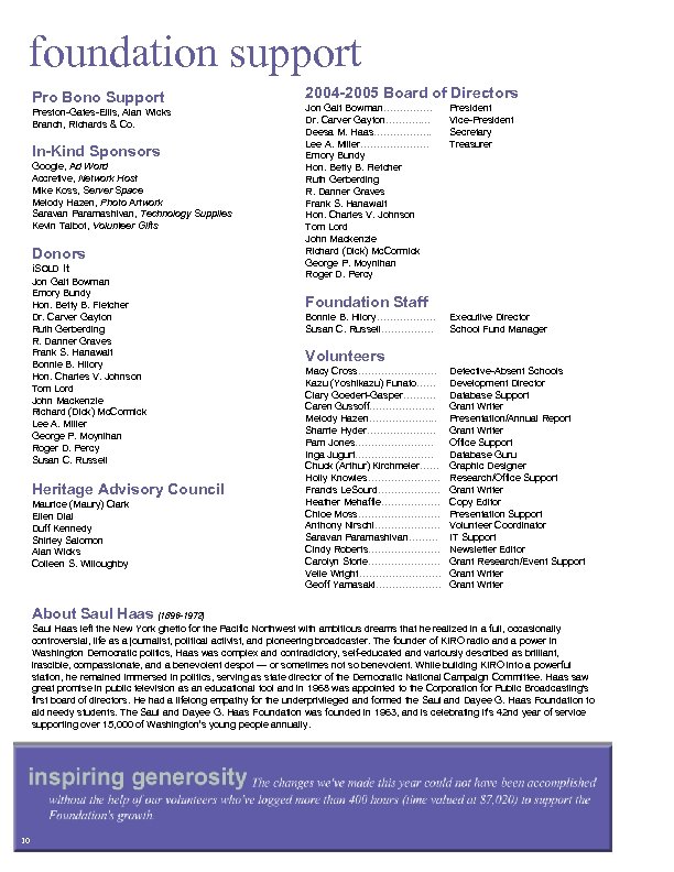 foundation support Pro Bono Support Preston-Gates-Ellis, Alan Wicks Branch, Richards & Co. In-Kind Sponsors