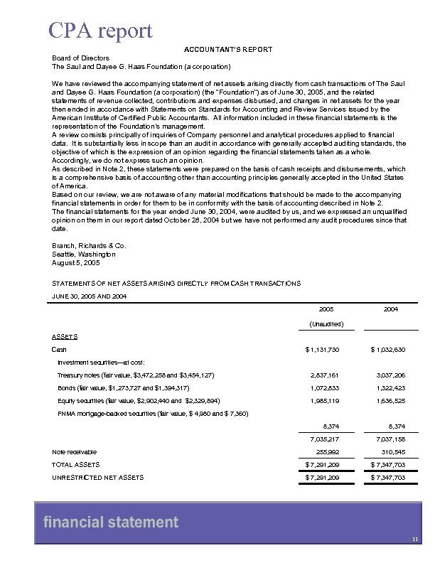 CPA report ACCOUNTANT’S REPORT Board of Directors The Saul and Dayee G. Haas Foundation