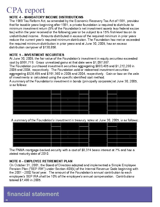 CPA report NOTE 4 – MANDATORY INCOME DISTRIBUTIONS The 1969 Tax Reform Act, as