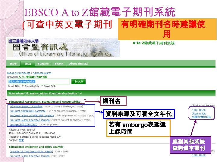 EBSCO A to Z館藏電子期刊系統 (可查中英文電子期刊 有明確期刊名時建議使 ) 用 期刊名 資料來源及可看全文年代 若有 embargo表延遲 上線時間 連到其他系統