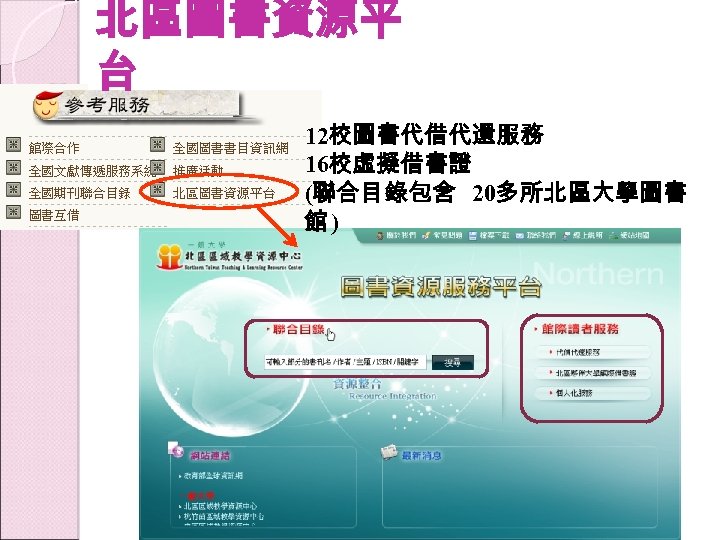 北區圖書資源平 台 12校圖書代借代還服務 16校虛擬借書證 (聯合目錄包含 20多所北區大學圖書 館) 